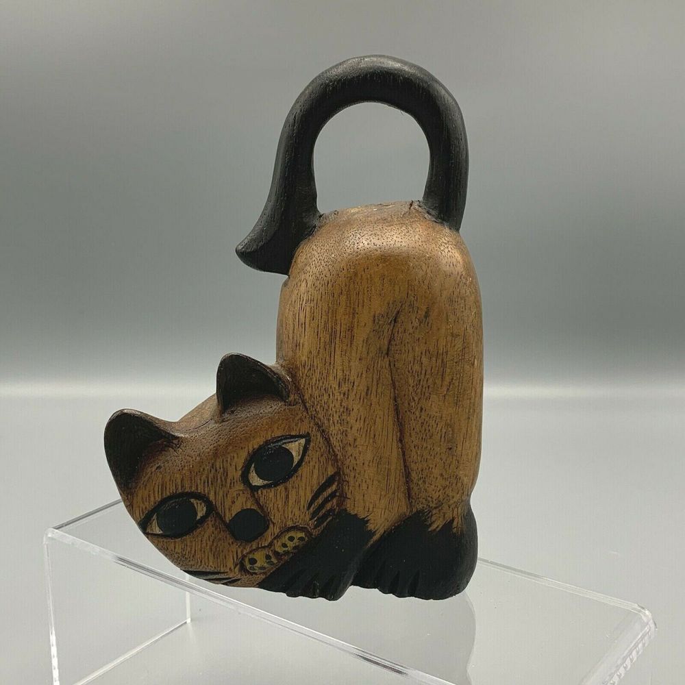Vintage 7 in Tall Cute Arched Back Brown Cat Hand Carved Solid Piece of Wood